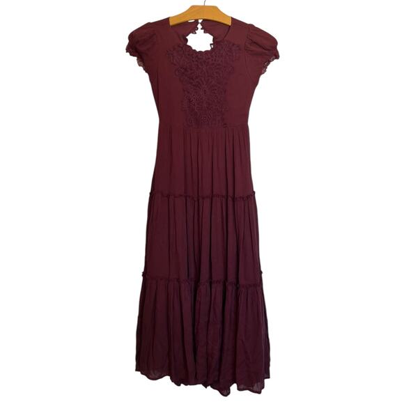 Mia Joy Joy Folie Lace Detail Tiered Hem Maxi Dress Deep Plum Burgundy Size 8 - Picture 1 of 12